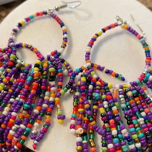 Beaded Multicolored Fringe Hoop Earrings - Picture 13 of 13